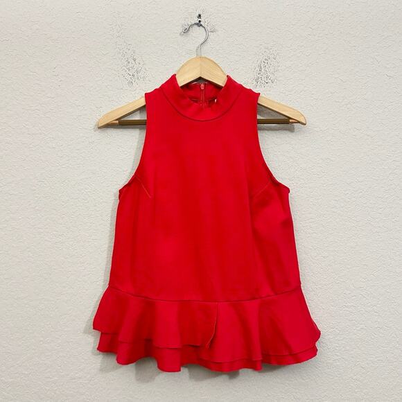 ANTHROPOLOGIE Cressida Top Red Peplum Sleeveless Mock Neck Knit Ruffled - Picture 1 of 10